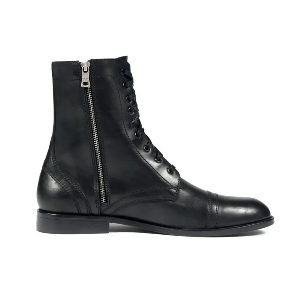 Straight to Hell Division Black 100% Leather Combat Boots SZ 9.5 Silver Side Zip